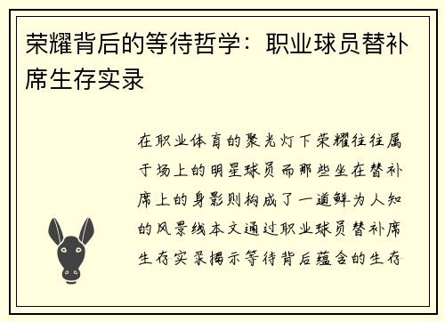 荣耀背后的等待哲学：职业球员替补席生存实录